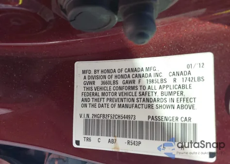 2012 Honda Civic Lx z USA, uszkodzony, nr VIN 2HGFB2F52CH544973